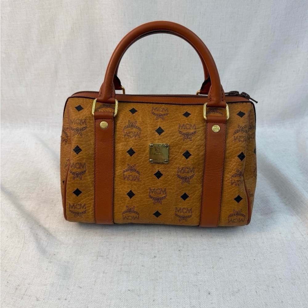 MCM Cognac Leather Satchel with Black Accents